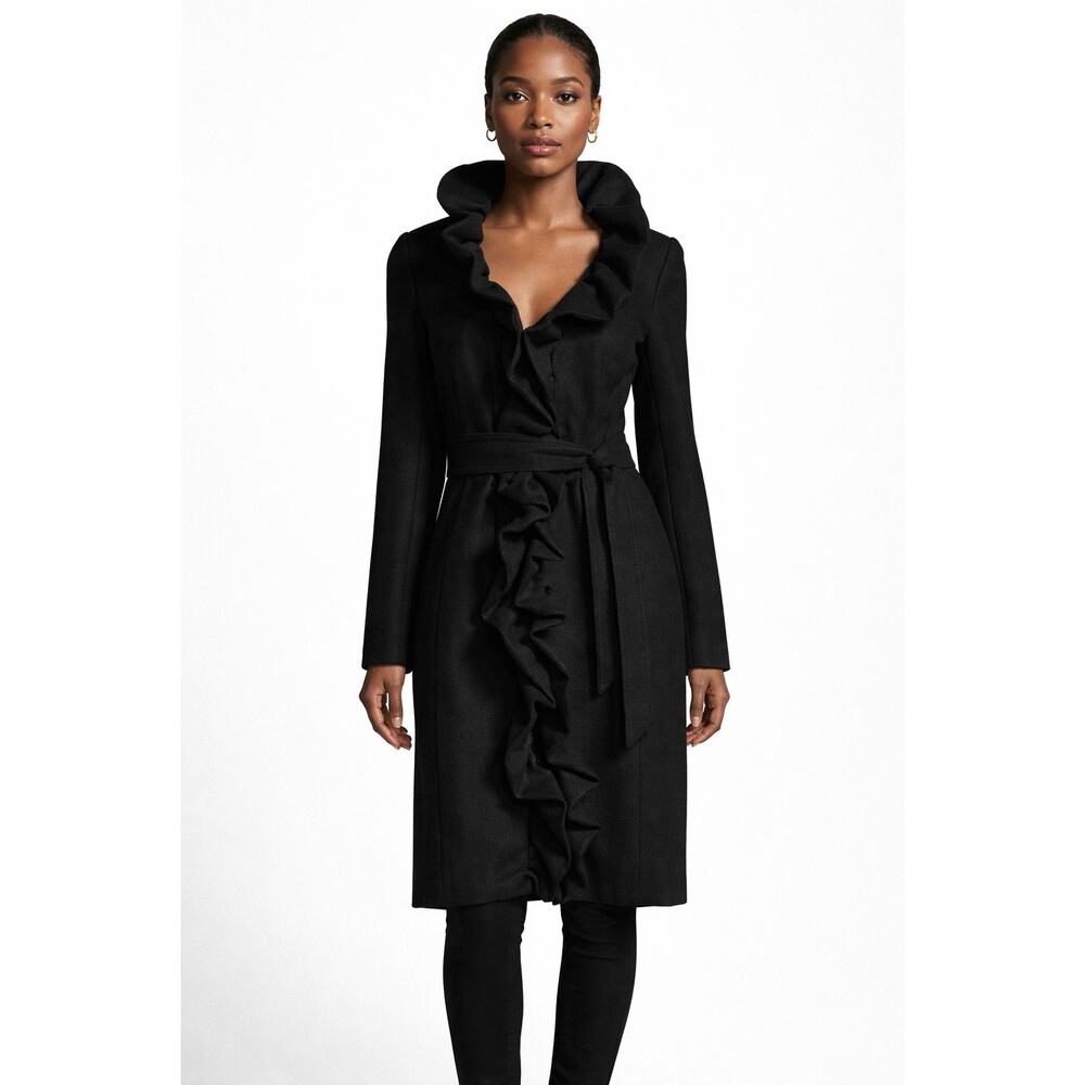 MILLY Belted Ruffle Front Coat Black Size 2 Peacoat Classy Chic Workwear